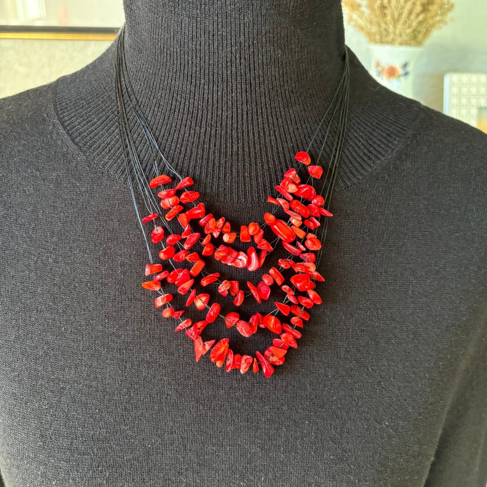 Handmade Multi Strand‎ Red Bead Statement Necklace -- Made in England